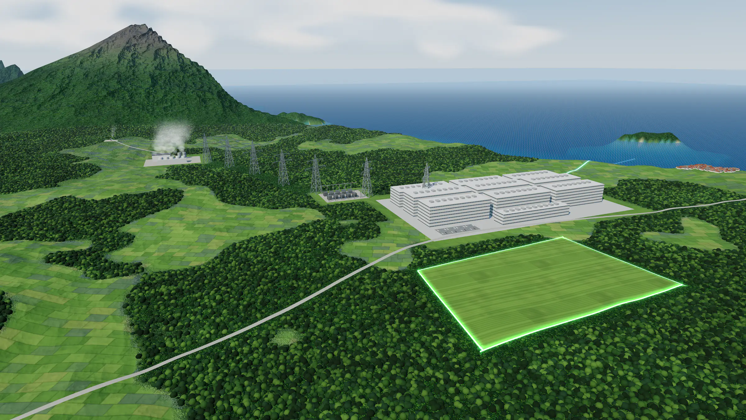 Ilustrasi konsep lokasi data center, geothermal, jaringan listrik, konektivitas fiber, dan lahan strategis di Indonesia